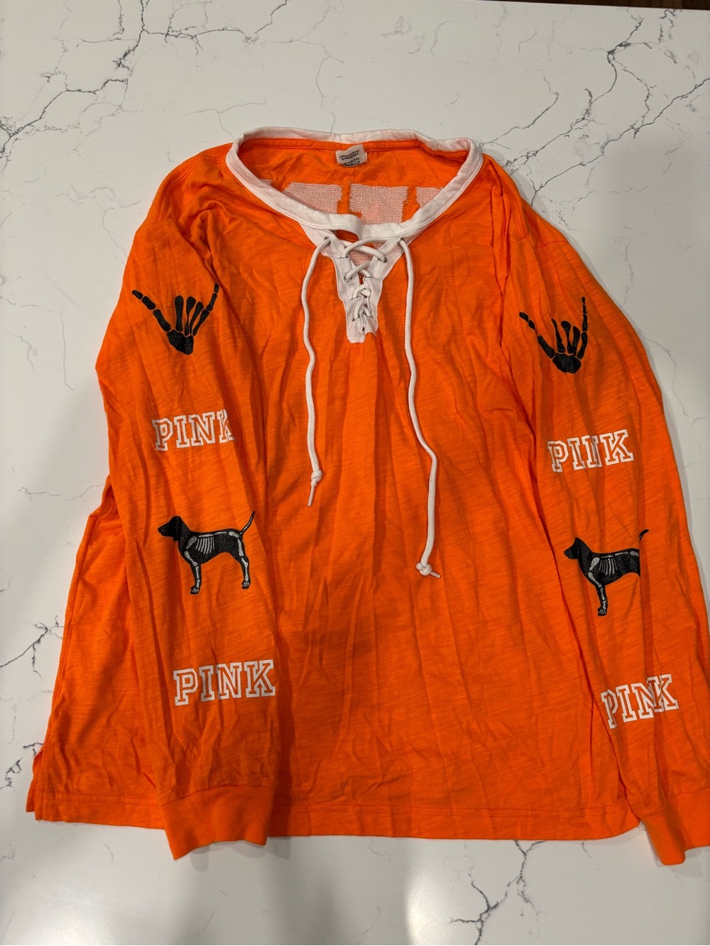 PINK Victoria's Secret Orange Lace-Up Long Sleeve Top with Dog Graphics
